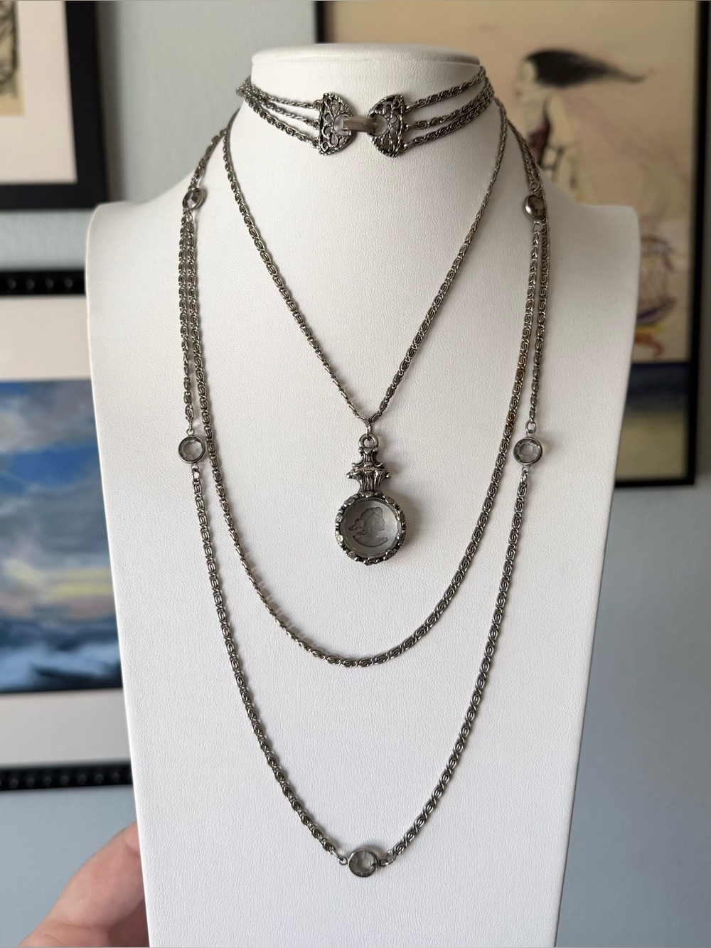 Vintage Goldette Signed Multi Strand Necklace Glass Intaglio Pendant Silver Tone